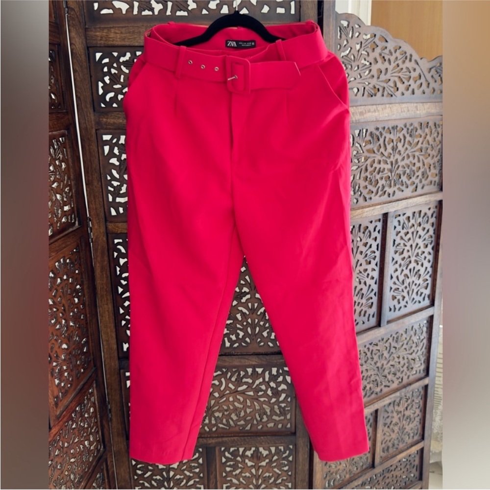 Zara celebs favourite Stylish Magenta Red Belted Pants - Picture 2 of 4